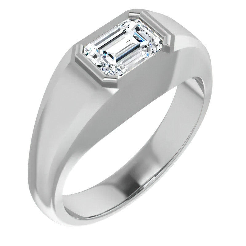 7x5/1.0ct Emerald Half Bezel Set Moissanite Mens Ring