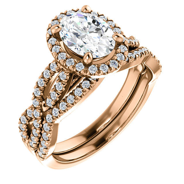 Oval Moissanite Halo Engagement Ring with Twisted Band