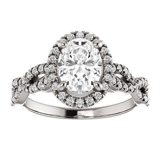 Oval Moissanite Halo Engagement Ring with Twisted Band