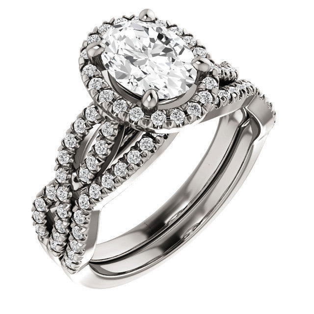 Oval Moissanite Halo Engagement Ring with Twisted Band