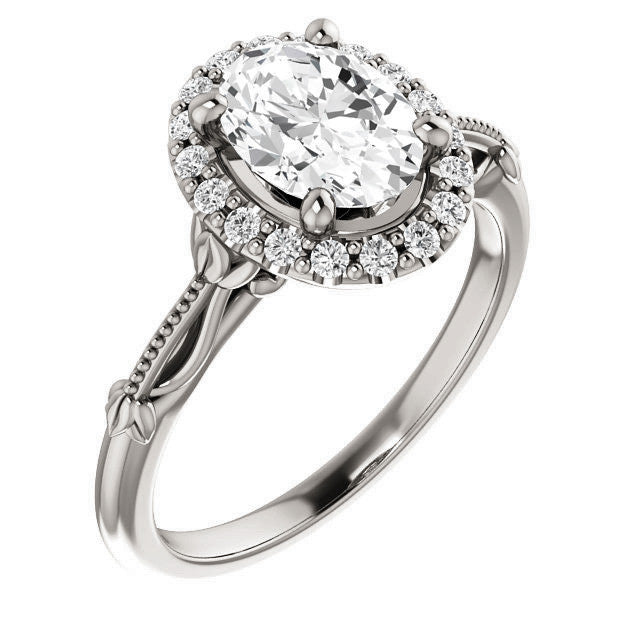 Halo and Floral Accents Oval cut Moissanite Engagement Ring
