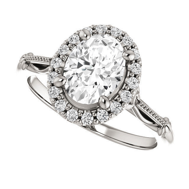 Halo and Floral Accents Oval cut Moissanite Engagement Ring