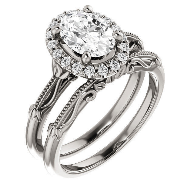 Halo and Floral Accents Oval cut Moissanite Engagement Ring