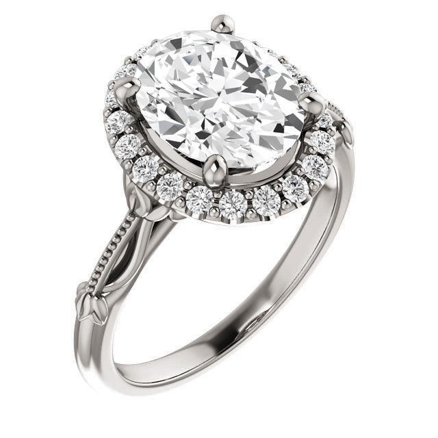 Halo and Floral Accents Oval cut Moissanite Engagement Ring