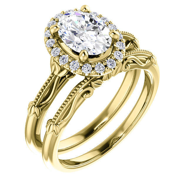 Halo and Floral Accents Oval cut Moissanite Engagement Ring