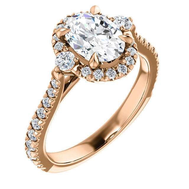 Oval Moissanite Cathedral Halo Engagement Ring with Claw Prongs