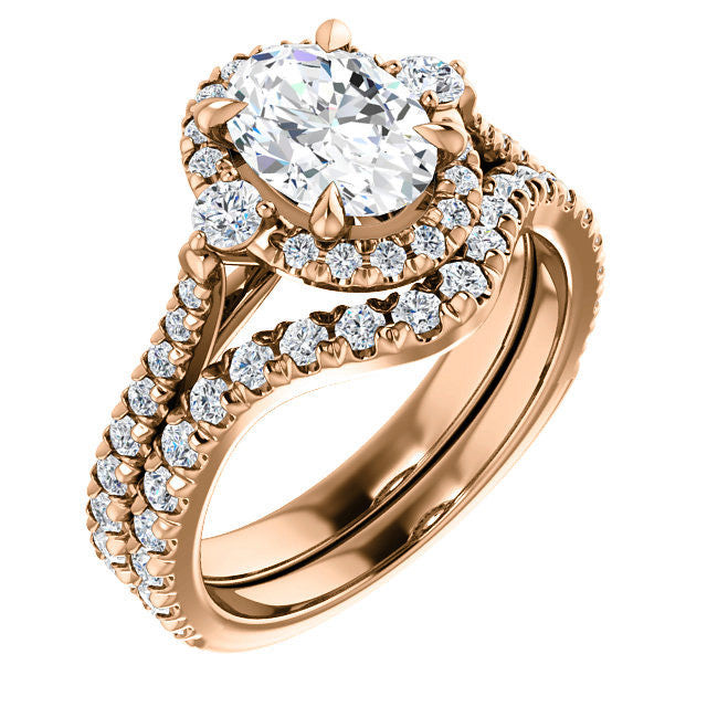 Oval Moissanite Cathedral Halo Engagement Ring with Claw Prongs