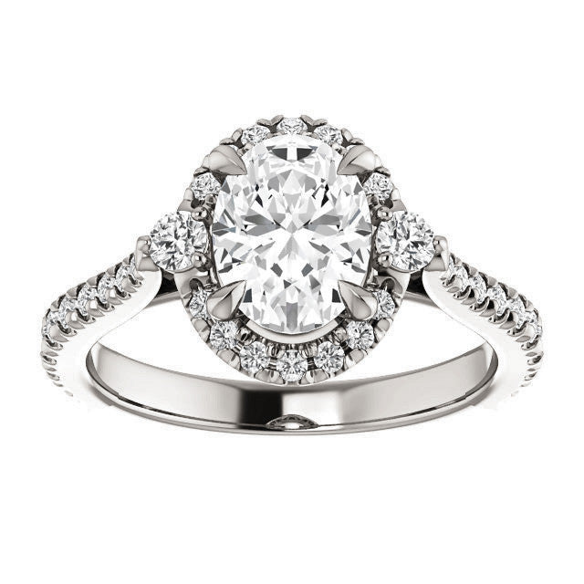 Oval Moissanite Cathedral Halo Engagement Ring with Claw Prongs