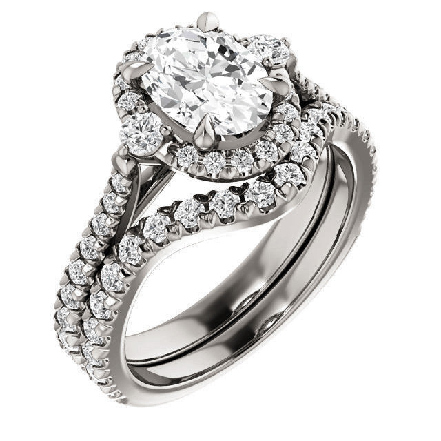 Oval Moissanite Cathedral Halo Engagement Ring with Claw Prongs
