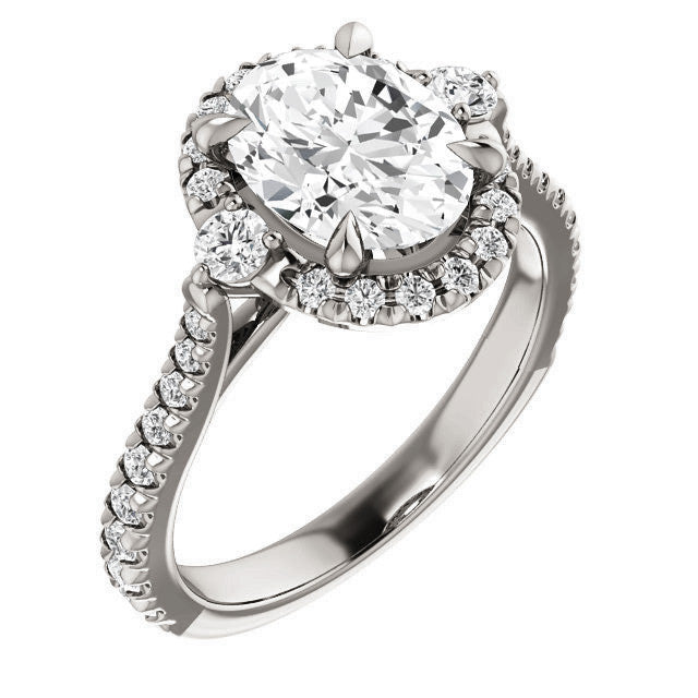 Oval Moissanite Cathedral Halo Engagement Ring with Claw Prongs