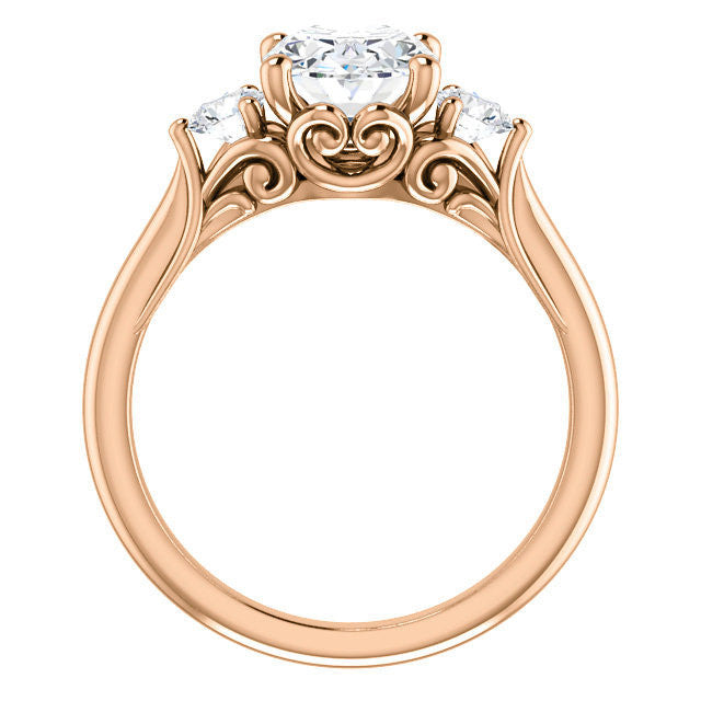 Oval and Round Brilliant Moissanite 3-Stone Ring with Scrolls