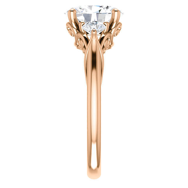 Oval and Round Brilliant Moissanite 3-Stone Ring with Scrolls
