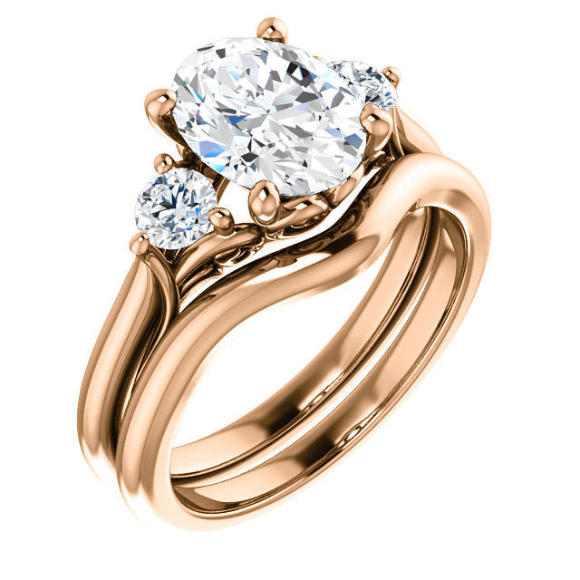 Oval and Round Brilliant Moissanite 3-Stone Ring with Scrolls