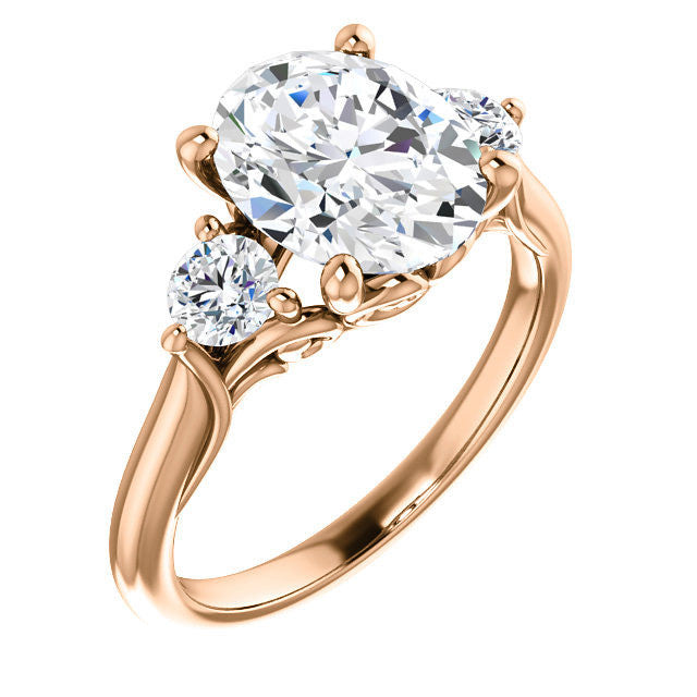 Oval and Round Brilliant Moissanite 3-Stone Ring with Scrolls