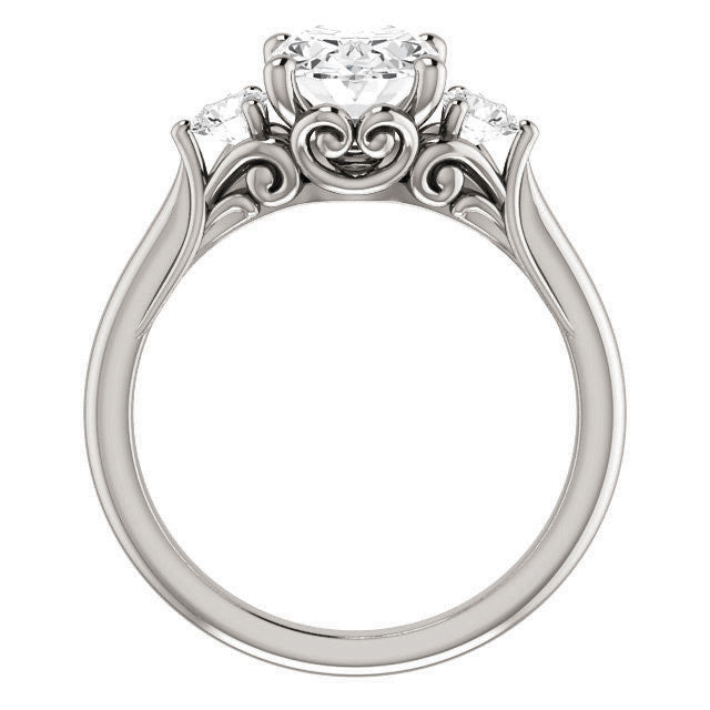 Oval and Round Brilliant Moissanite 3-Stone Ring with Scrolls