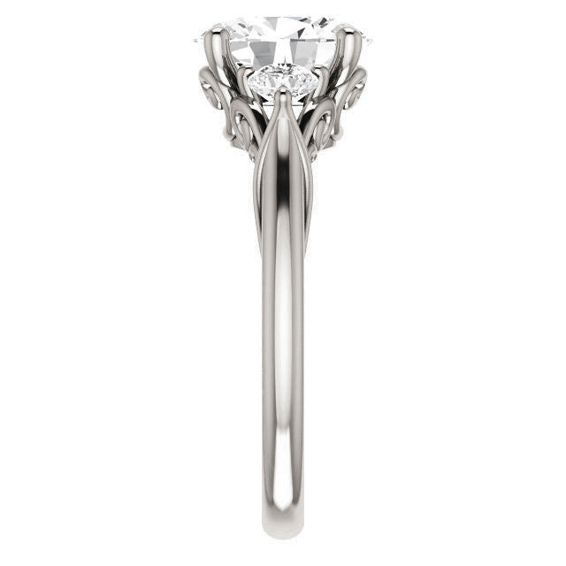 Oval and Round Brilliant Moissanite 3-Stone Ring with Scrolls