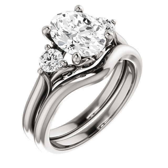 Oval and Round Brilliant Moissanite 3-Stone Ring with Scrolls