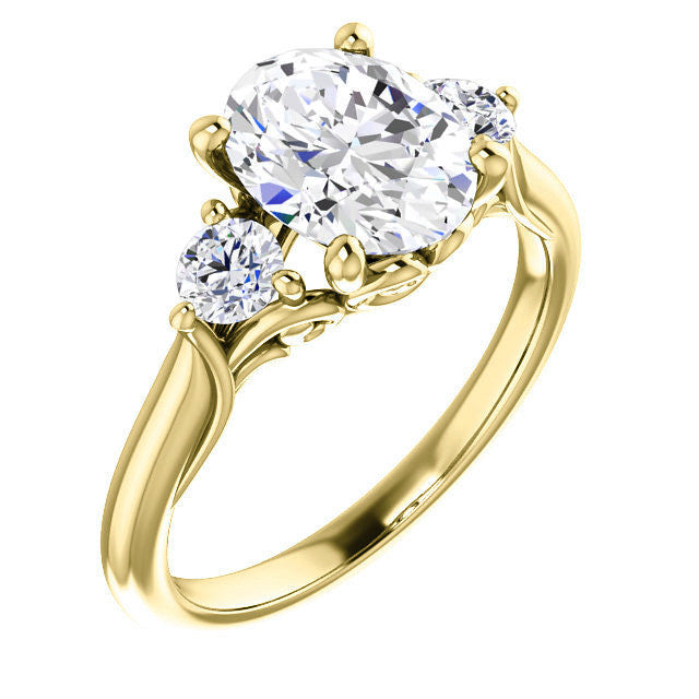 Oval and Round Brilliant Moissanite 3-Stone Ring with Scrolls