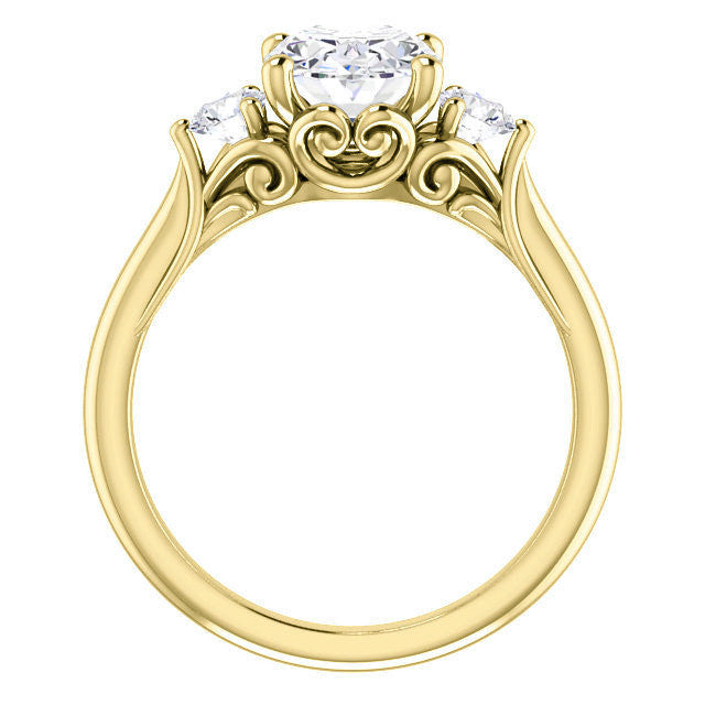 Oval and Round Brilliant Moissanite 3-Stone Ring with Scrolls