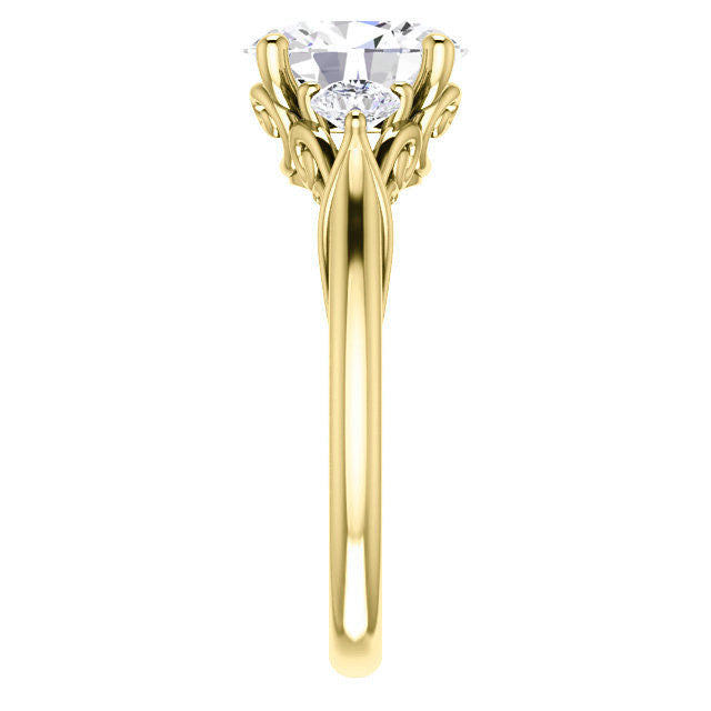 Oval and Round Brilliant Moissanite 3-Stone Ring with Scrolls