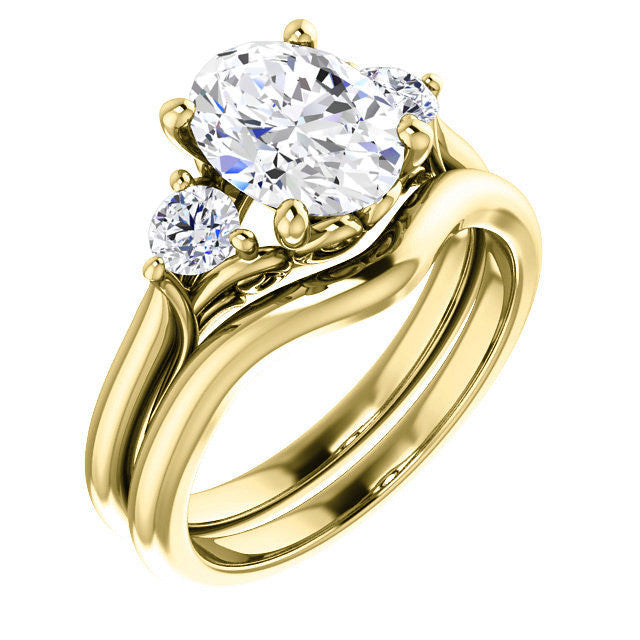 Oval and Round Brilliant Moissanite 3-Stone Ring with Scrolls