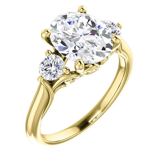 Oval and Round Brilliant Moissanite 3-Stone Ring with Scrolls