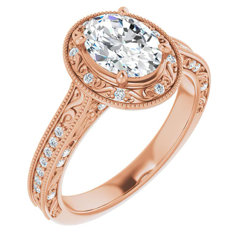 Oval cut Scroll Accented Halo Engagement Ring