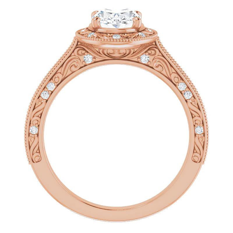 Oval cut Scroll Accented Halo Engagement Ring