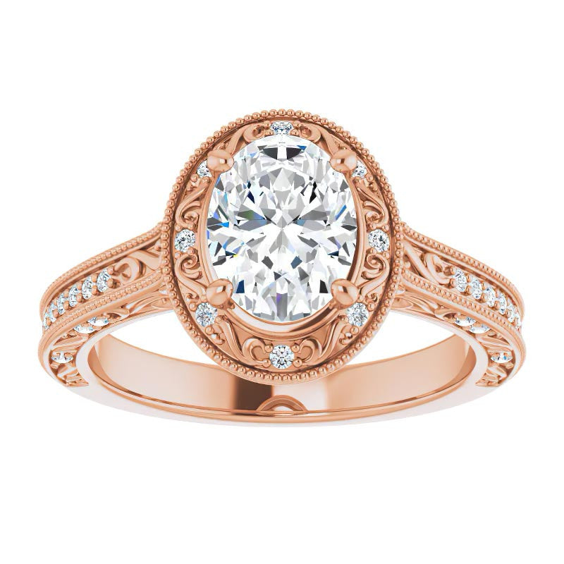 Oval cut Scroll Accented Halo Engagement Ring