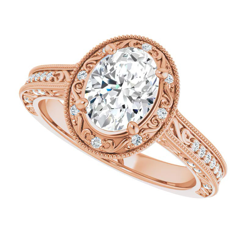Oval cut Scroll Accented Halo Engagement Ring