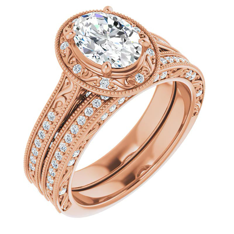 Oval cut Scroll Accented Halo Engagement Ring