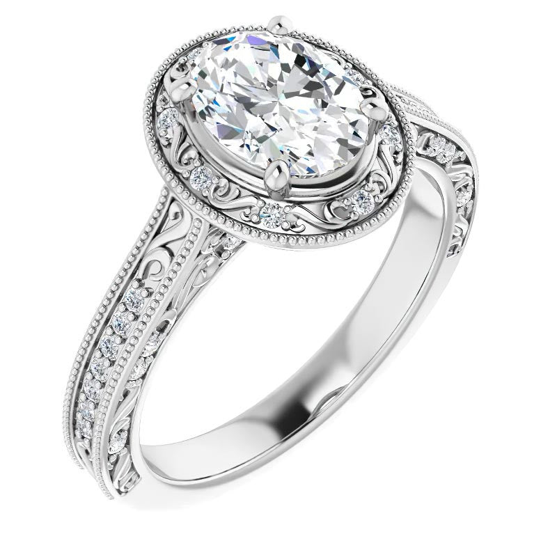 Oval cut Scroll Accented Halo Engagement Ring