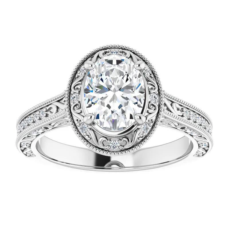 Oval cut Scroll Accented Halo Engagement Ring
