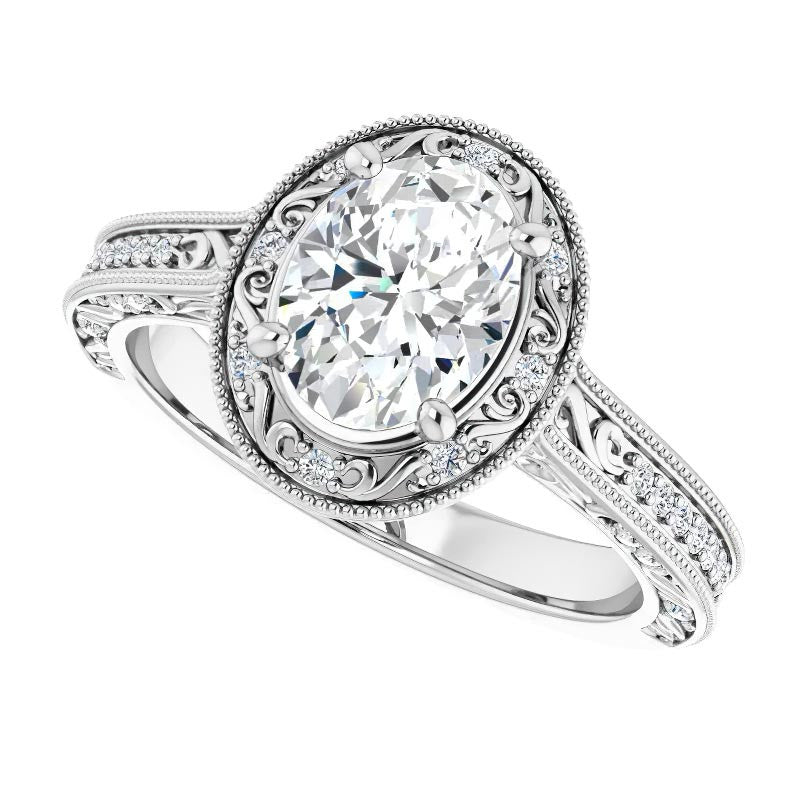 Oval cut Scroll Accented Halo Engagement Ring