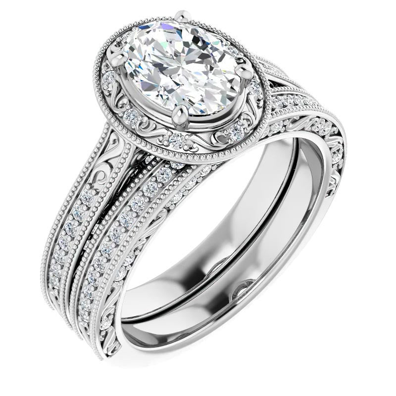 Oval cut Scroll Accented Halo Engagement Ring