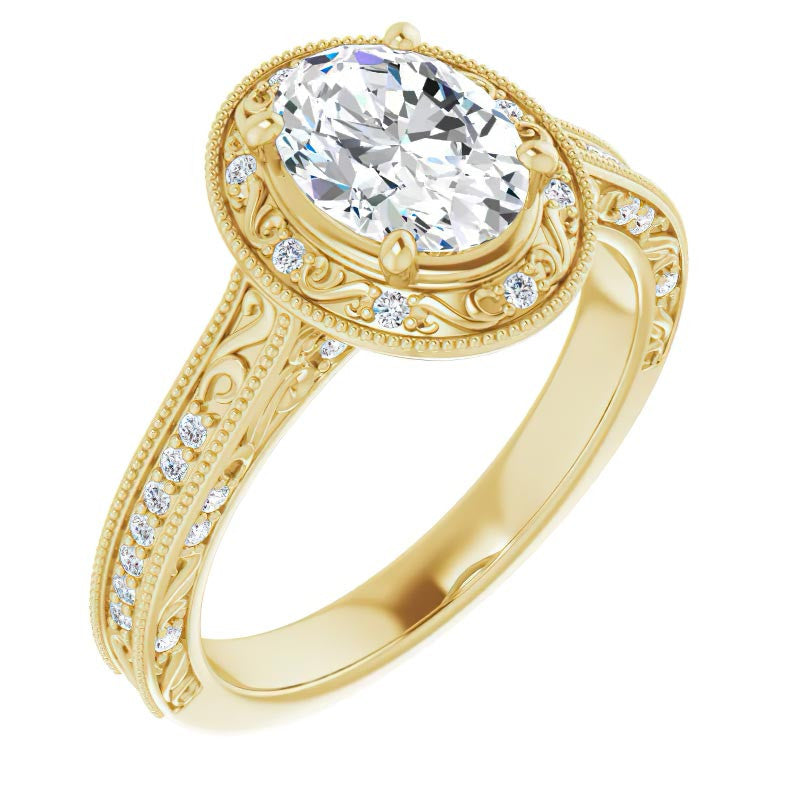 Oval cut Scroll Accented Halo Engagement Ring