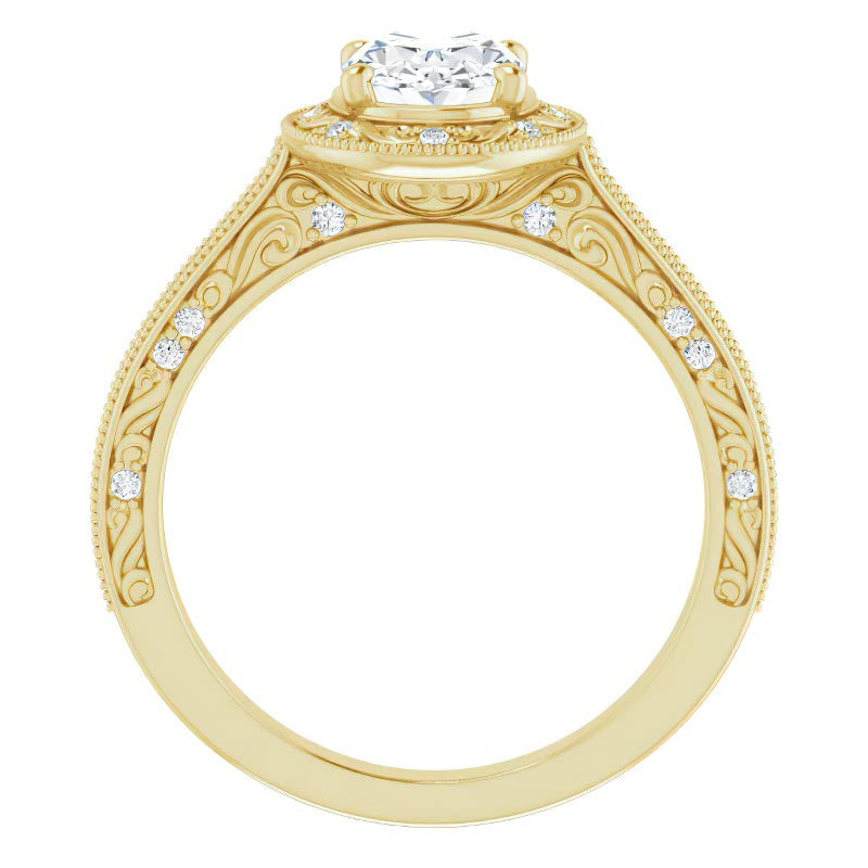 Oval cut Scroll Accented Halo Engagement Ring