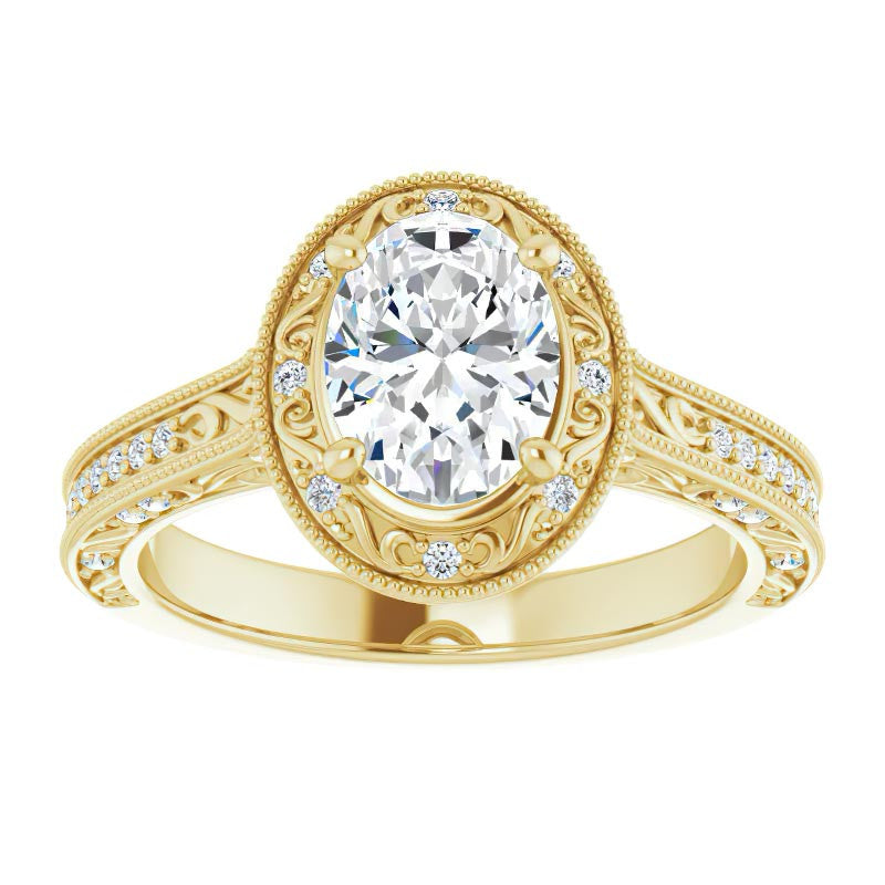 Oval cut Scroll Accented Halo Engagement Ring