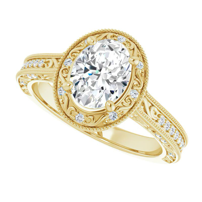 Oval cut Scroll Accented Halo Engagement Ring