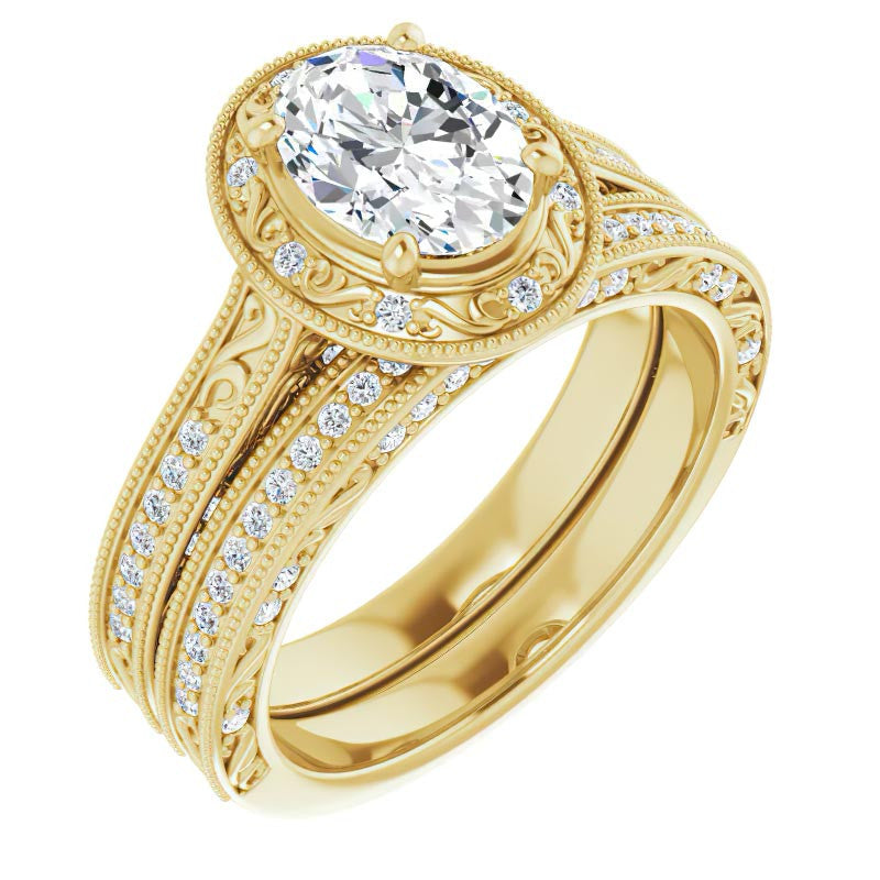 Oval cut Scroll Accented Halo Engagement Ring