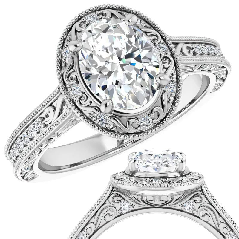 Oval cut Scroll Accented Halo Engagement Ring