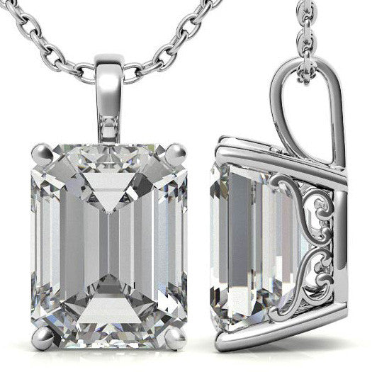 Emerald / Radiant 4-Prong Scroll Accented Moissanite Pendant