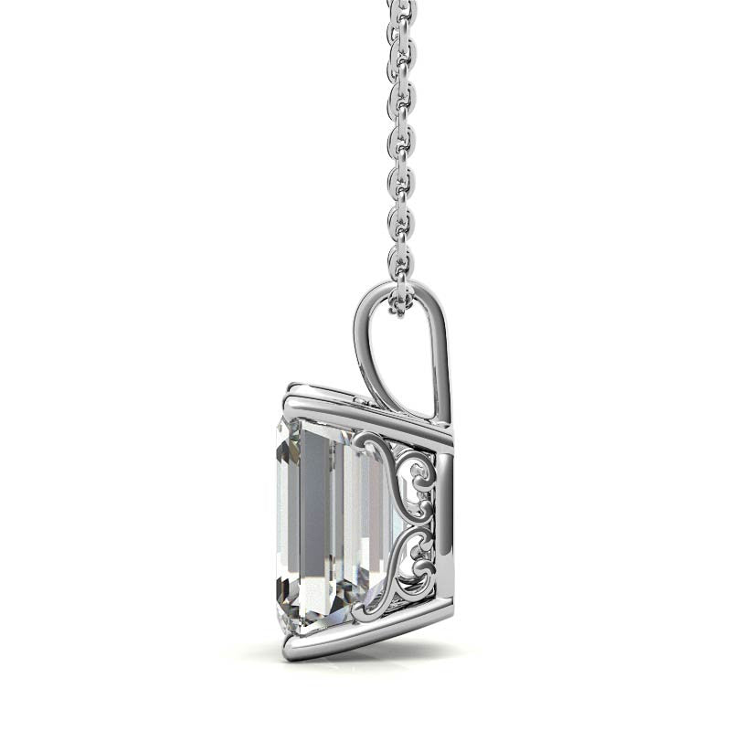 Emerald / Radiant 4-Prong Scroll Accented Moissanite Pendant