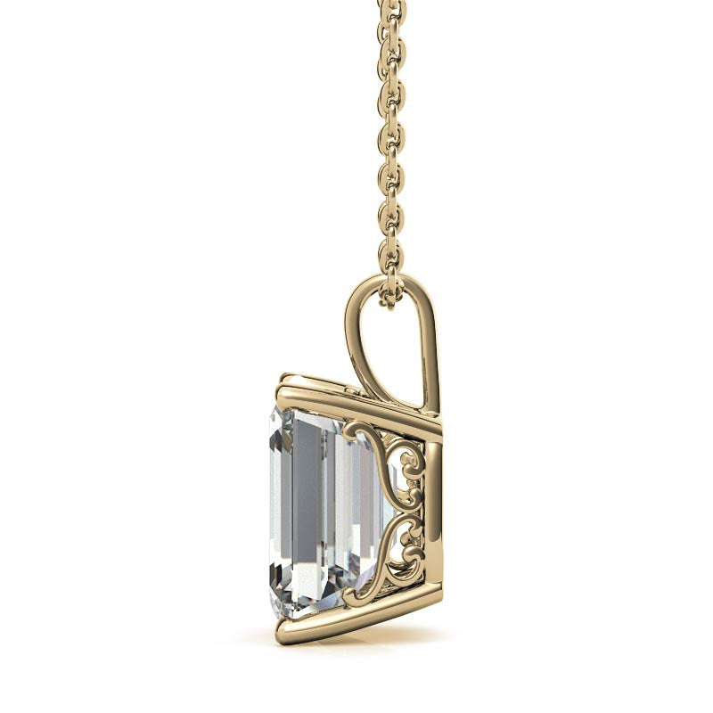 Emerald / Radiant 4-Prong Scroll Accented Moissanite Pendant