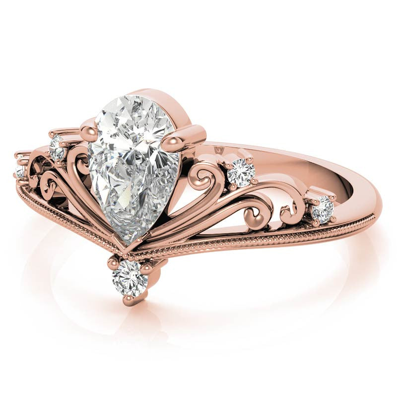 Crown Inspired Chevon Shaped Pear Moissanite Engagement Ring