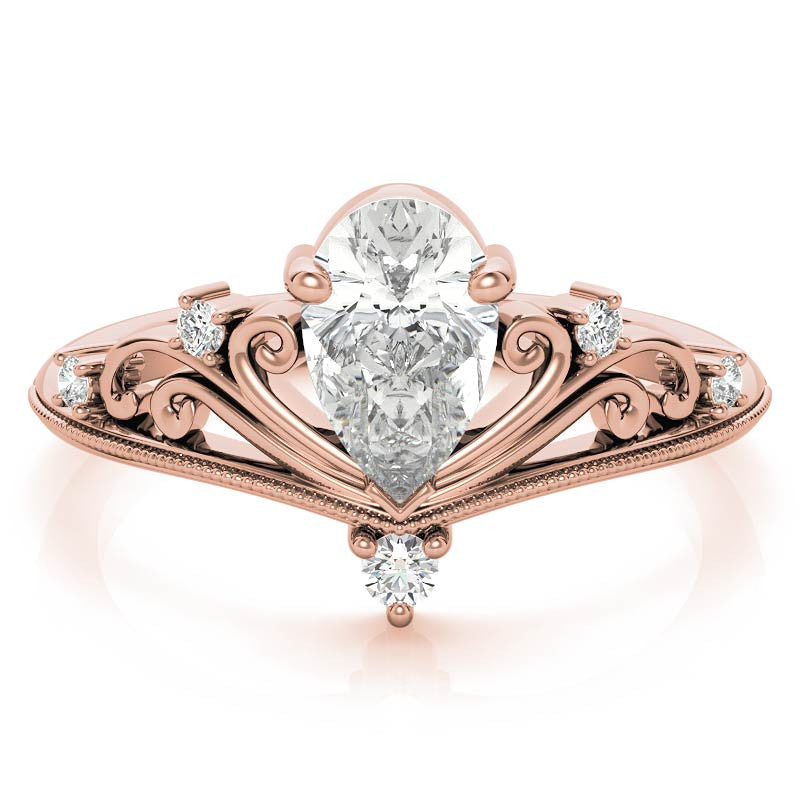Crown Inspired Chevon Shaped Pear Moissanite Engagement Ring