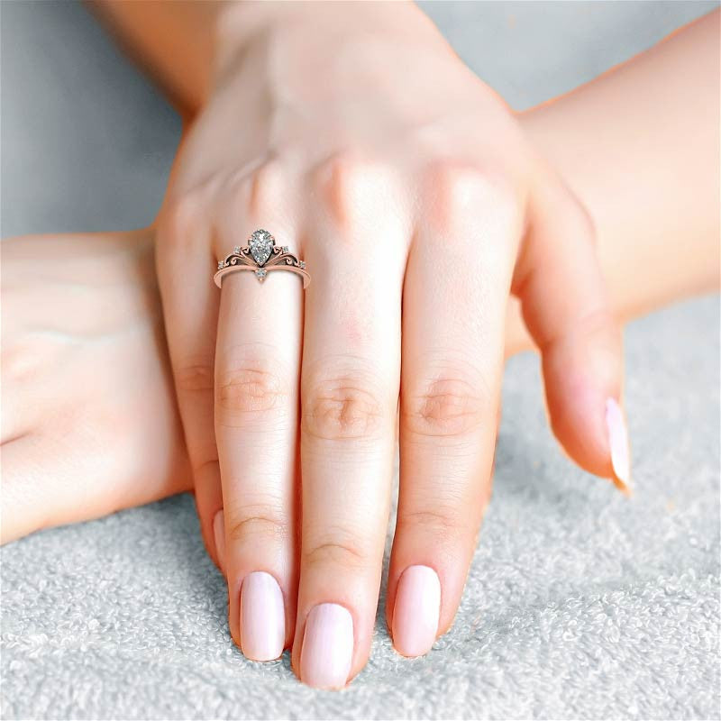 Crown Inspired Chevon Shaped Pear Moissanite Engagement Ring
