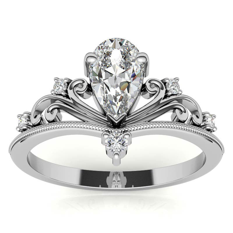 Crown Inspired Chevon Shaped Pear Moissanite Engagement Ring