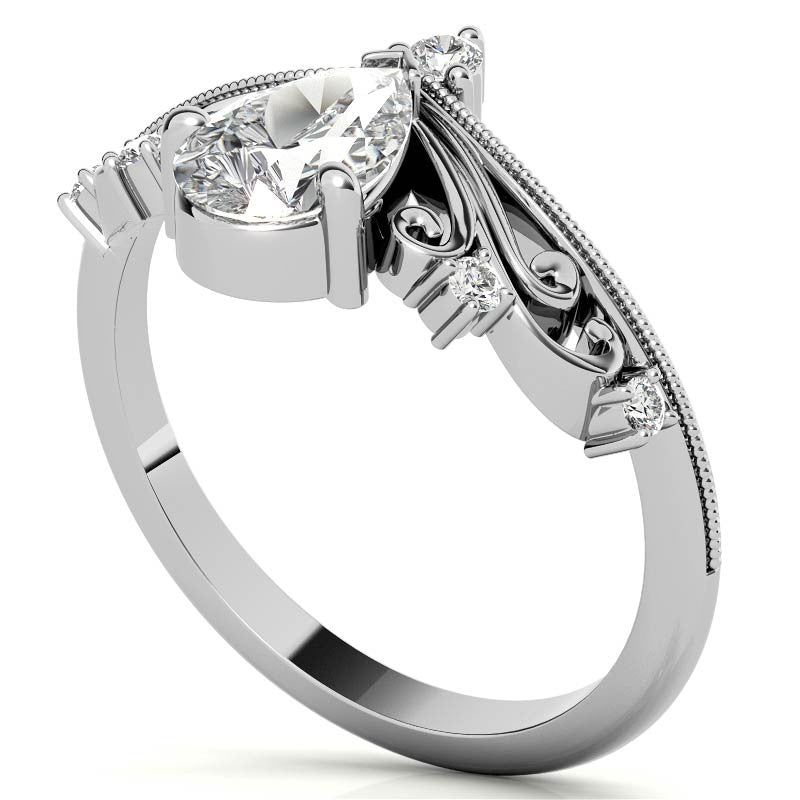 Crown Inspired Chevon Shaped Pear Moissanite Engagement Ring