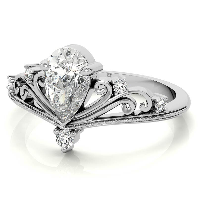 Crown Inspired Chevon Shaped Pear Moissanite Engagement Ring